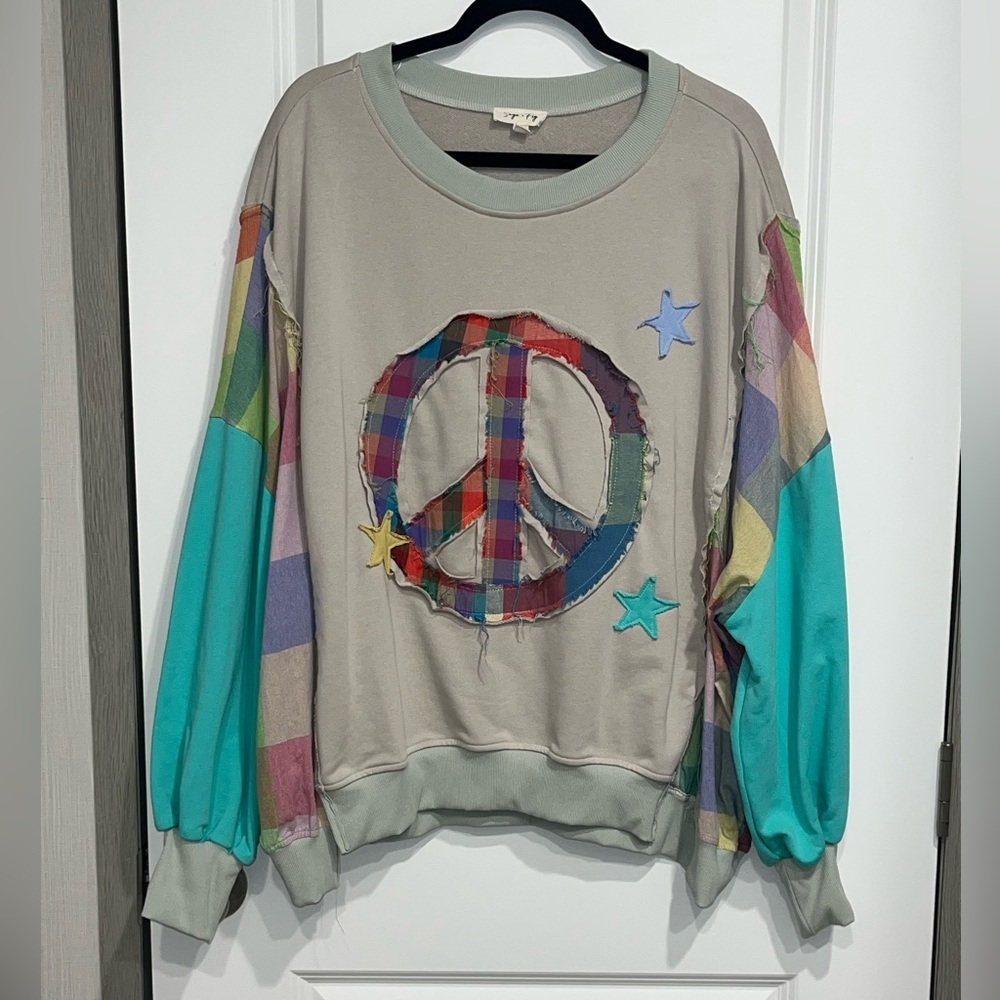 SAGE AND FIG Oversized Sweatshirt Appliqué Patch Women’s Large BohoCore - Picture 2 of 7